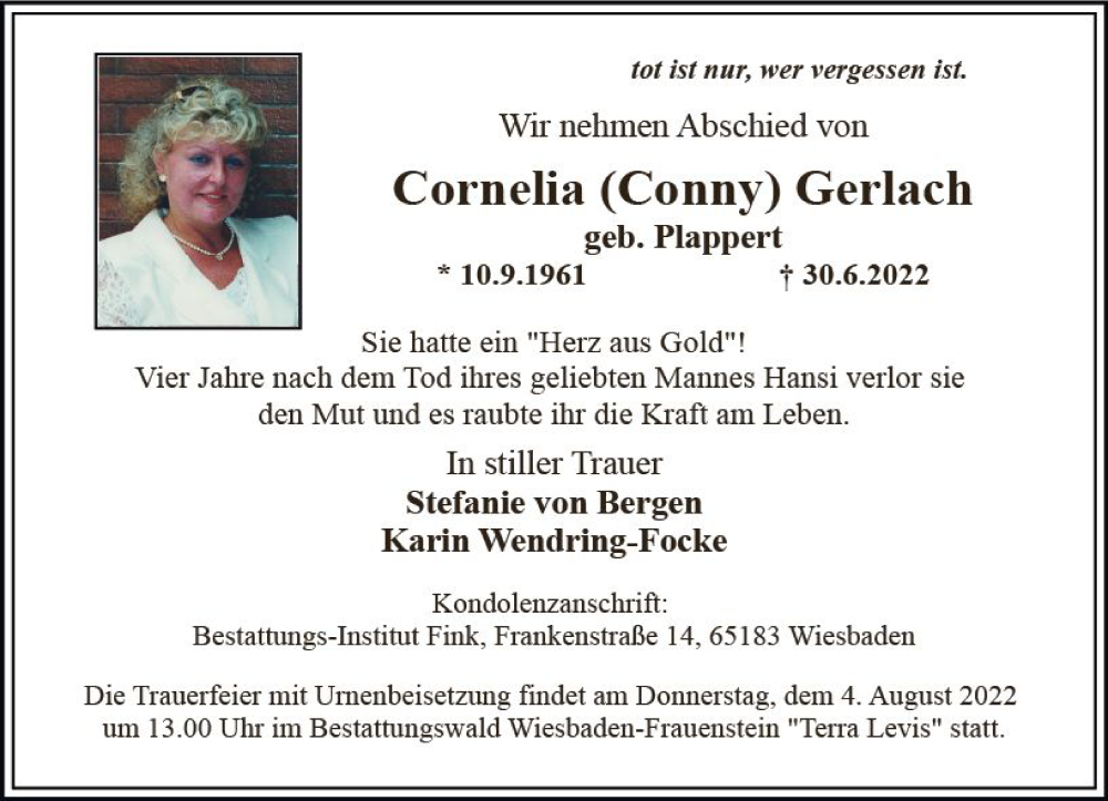  Traueranzeige für Cornelia Gerlach vom 30.07.2022 aus vrm-trauer Wiesbadener Kurier