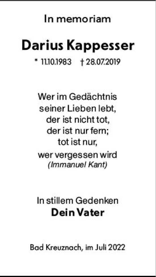 Traueranzeige von Darius Kappesser von vrm-trauer Allgemeine  Zeitung Ingelheim-Bingen