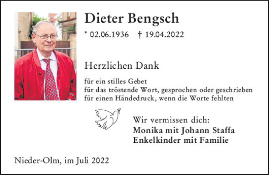 Traueranzeige von Dieter Bengsch von vrm-trauer AZ Mainz