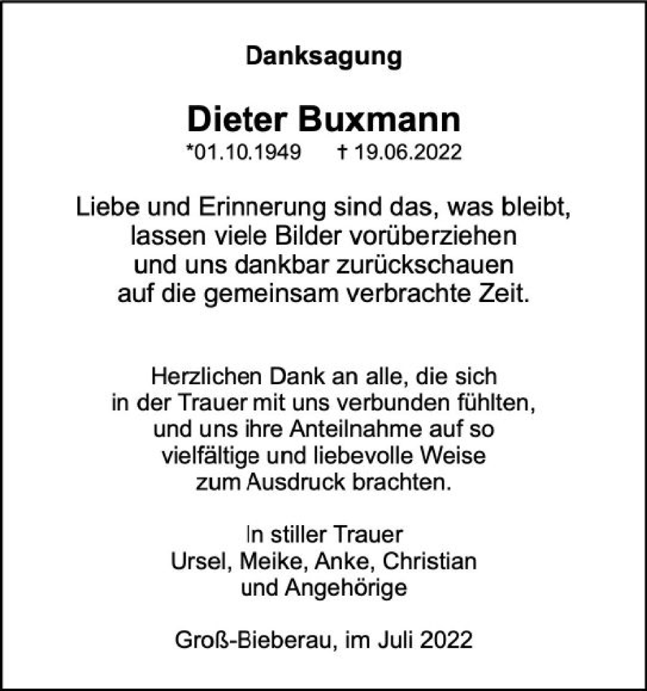  Traueranzeige für Dieter Buxmann vom 23.07.2022 aus vrm-trauer Darmstädter Echo