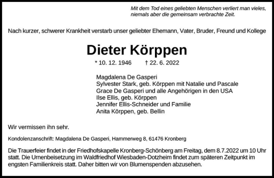 Traueranzeige von Dieter Körppen von vrm-trauer Wiesbadener Kurier
