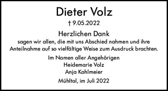 Traueranzeige von Dieter Volz von vrm-trauer Darmstädter Echo