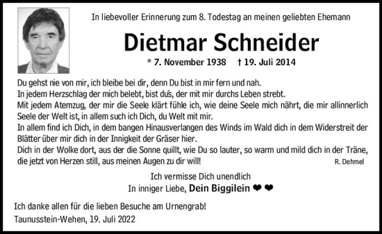 Traueranzeige von Dietmar Schneider von vrm-trauer Wiesbadener Kurier