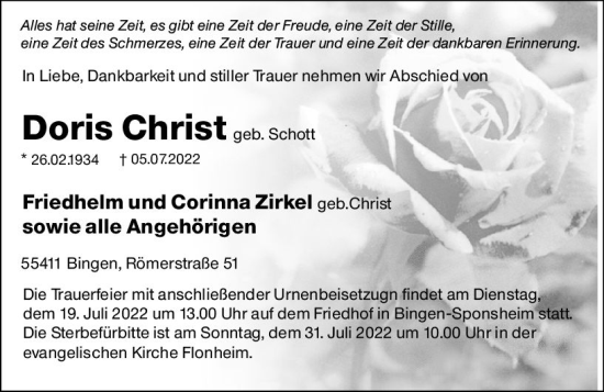 Traueranzeige von Doris Christ von vrm-trauer Allgemeine  Zeitung Ingelheim-Bingen
