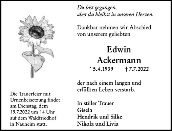 Traueranzeige von Edwin Ackermann von vrm-trauer Rüsselsheimer Echo / MainSpitze