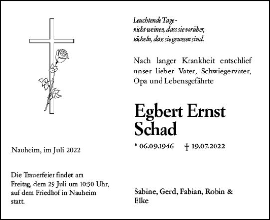Traueranzeige von Egbert Ernst Schad von vrm-trauer Rüsselsheimer Echo / MainSpitze
