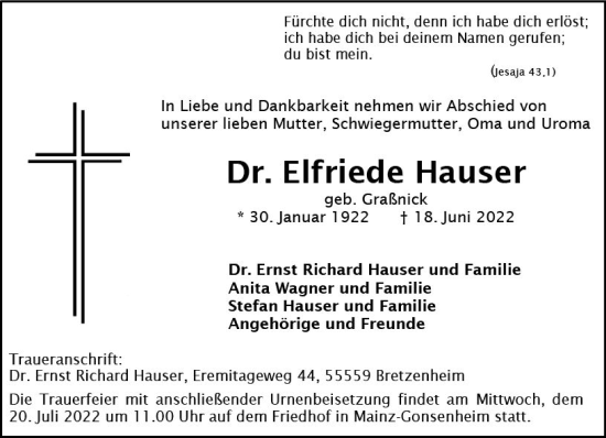 Traueranzeige von Elfriede Hauser von vrm-trauer AZ Mainz