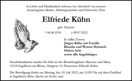 Traueranzeige von Elfriede Kühn von vrm-trauer Allgemeine  Zeitung Ingelheim-Bingen