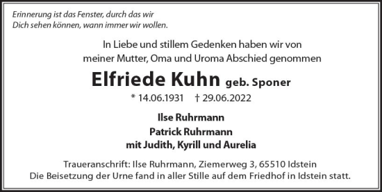 Traueranzeige von Elfriede Kuhn von vrm-trauer Idsteiner Zeitung