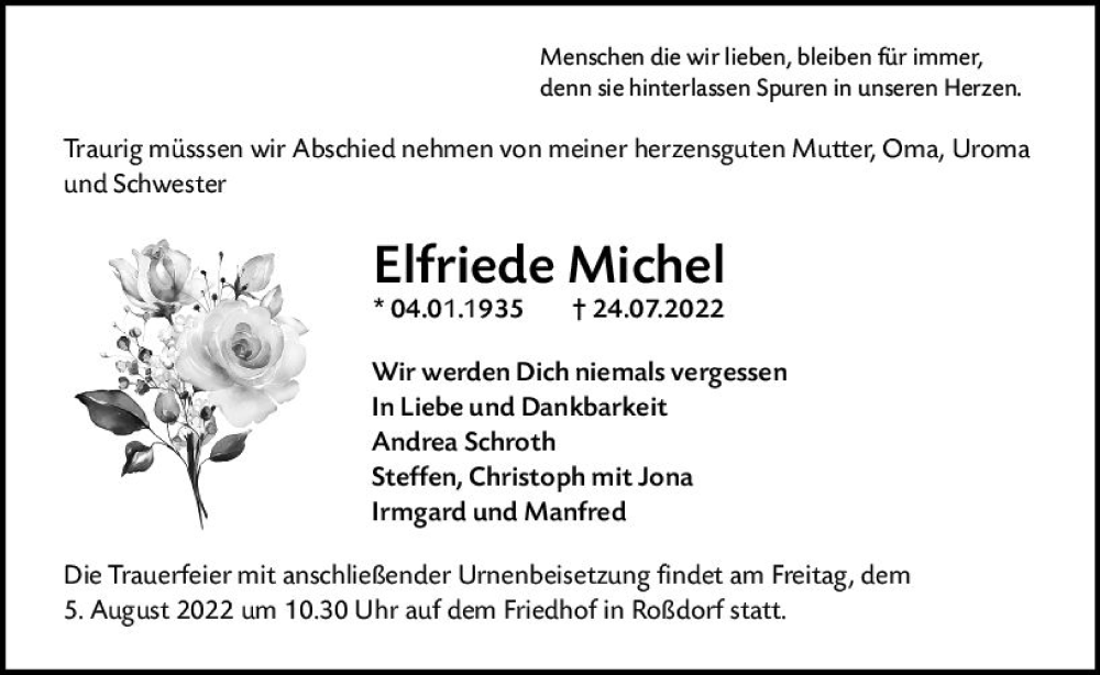  Traueranzeige für Elfriede Michel vom 30.07.2022 aus vrm-trauer Darmstädter Echo