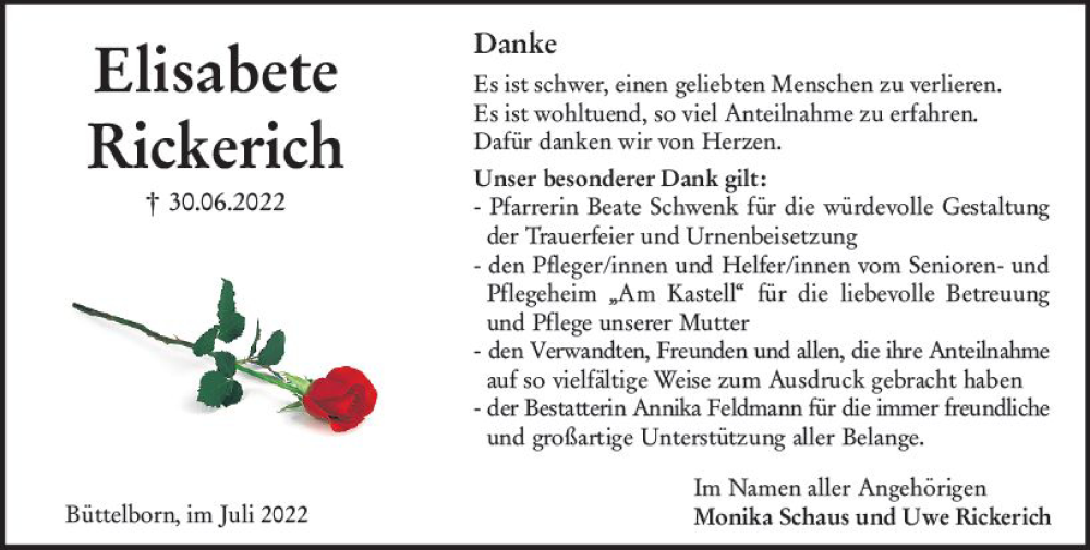  Traueranzeige für Elisabete Rickerich vom 23.07.2022 aus vrm-trauer Groß-Gerauer Echo