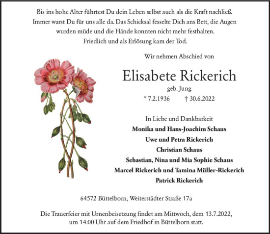 Traueranzeige von Elisabete Rickerich von vrm-trauer Groß-Gerauer Echo
