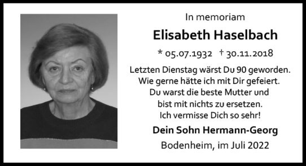  Traueranzeige für Elisabeth Haselbach vom 09.07.2022 aus vrm-trauer AZ Mainz