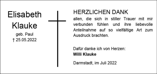 Traueranzeige von Elisabeth Klauke von vrm-trauer Darmstädter Echo