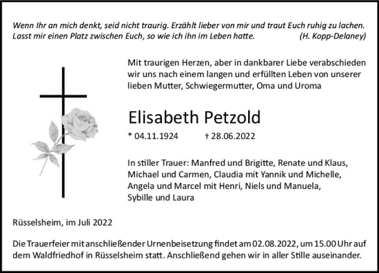 Traueranzeige von Elisabeth Petzold von vrm-trauer Rüsselsheimer Echo / MainSpitze