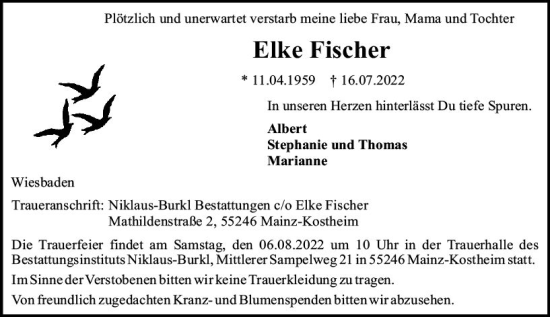 Traueranzeige von Elke Fischer von vrm-trauer Wiesbadener Kurier