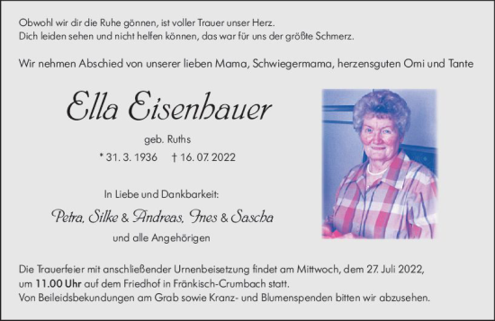 Traueranzeige von Ella Eisenhauer von vrm-trauer Odenwälder Echo