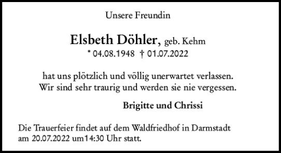 Traueranzeige von Elsbeth Döhler von vrm-trauer Darmstädter Echo