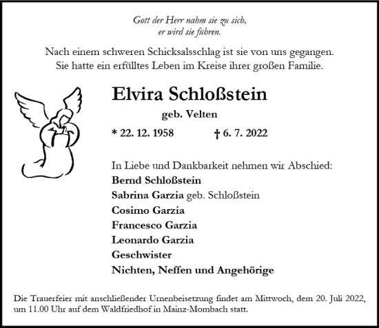 Traueranzeige von Elvira Schloßstein von vrm-trauer AZ Mainz