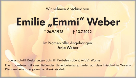 Traueranzeige von Emilie Weber von vrm-trauer Wormser Zeitung
