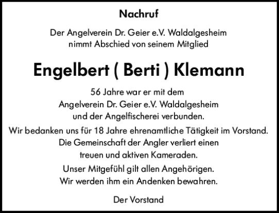 Traueranzeige von Engelbert Klemann von vrm-trauer Allgemeine  Zeitung Ingelheim-Bingen