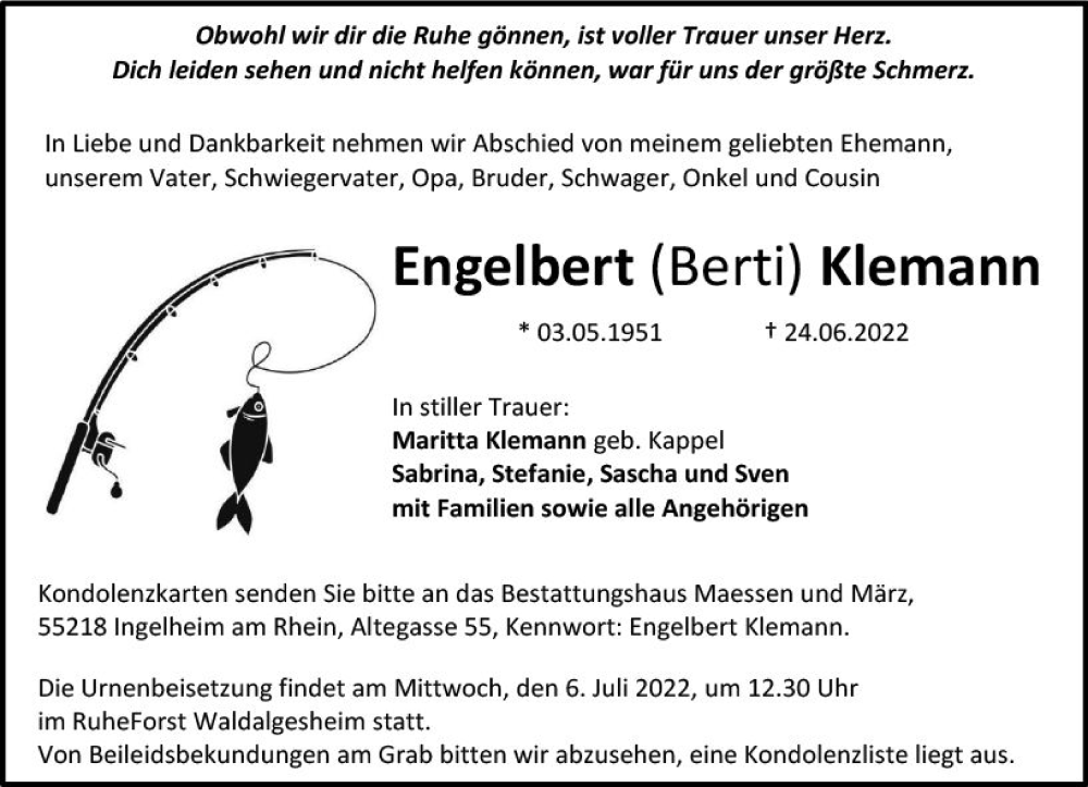  Traueranzeige für Engelbert Klemann vom 02.07.2022 aus vrm-trauer Allgemeine  Zeitung Ingelheim-Bingen