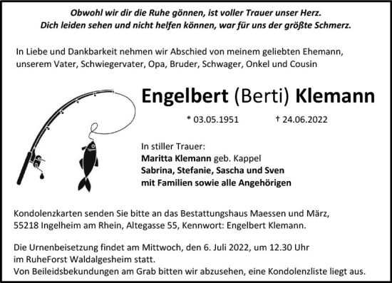 Traueranzeige von Engelbert Klemann von vrm-trauer Allgemeine  Zeitung Ingelheim-Bingen