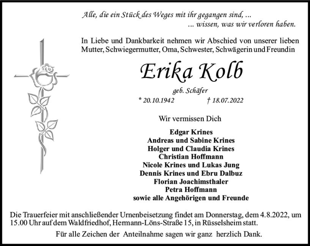  Traueranzeige für Erika Kolb vom 30.07.2022 aus vrm-trauer Rüsselsheimer Echo / MainSpitze