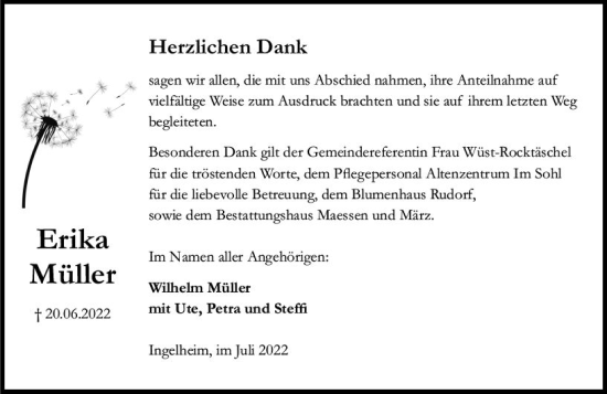 Traueranzeige von Erika Müller von vrm-trauer Allgemeine  Zeitung Ingelheim-Bingen