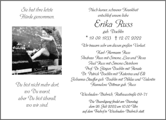 Traueranzeige von Erika Russ von vrm-trauer Wiesbadener Kurier