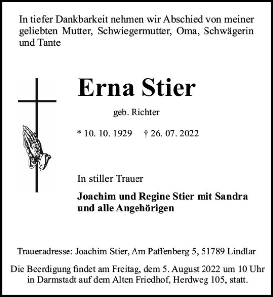 Traueranzeige von Erna Stier von vrm-trauer Darmstädter Echo