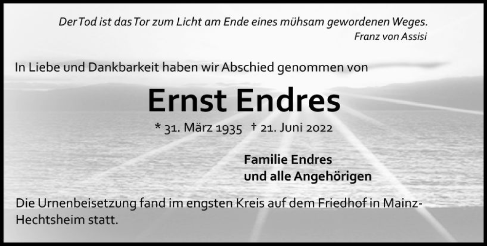  Traueranzeige für Ernst Endres vom 16.07.2022 aus vrm-trauer AZ Mainz