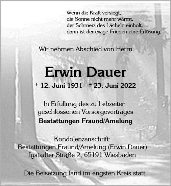Traueranzeige von Erwin Dauer von vrm-trauer Wiesbadener Kurier