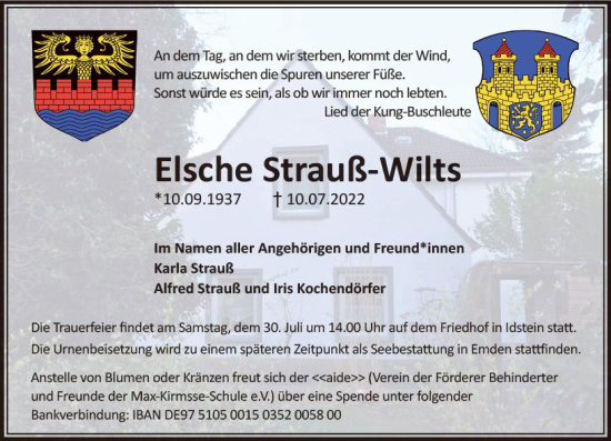Traueranzeige von Esche Strauß-Wilts von vrm-trauer Idsteiner Zeitung