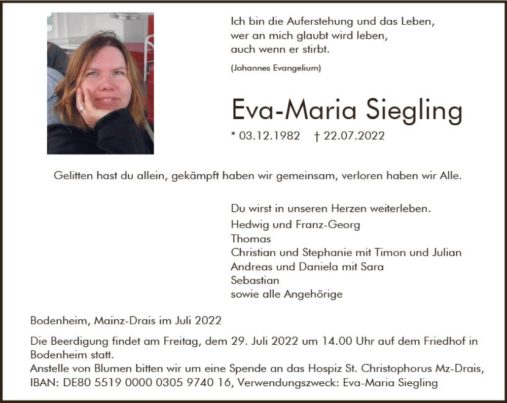  Traueranzeige für Eva-Maria Siegling vom 26.07.2022 aus vrm-trauer AZ Mainz