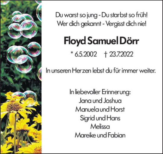 Traueranzeige von Floyd Samuel Dörr von vrm-trauer Groß-Gerauer Echo