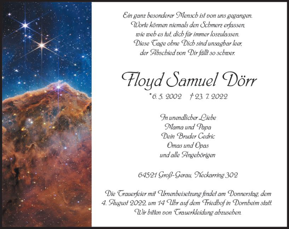  Traueranzeige für Floyd Samuel Dörr vom 30.07.2022 aus vrm-trauer Groß-Gerauer Echo