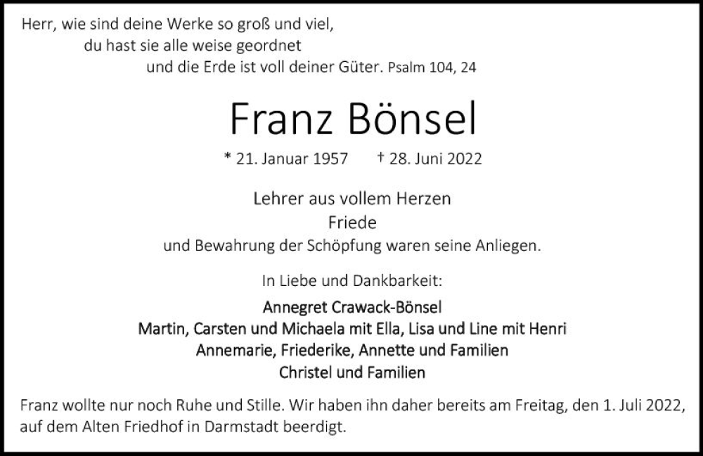  Traueranzeige für Franz Bönsel vom 02.07.2022 aus vrm-trauer Darmstädter Echo