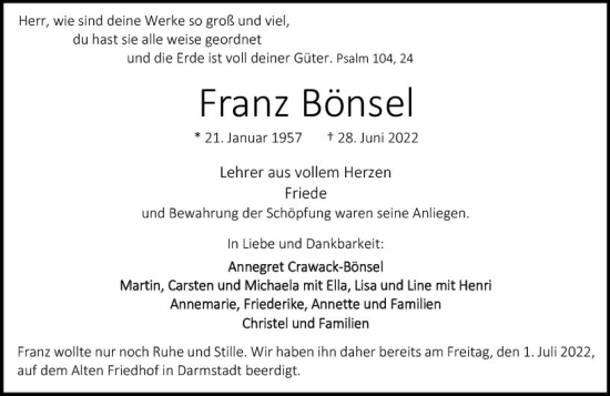 Traueranzeige von Franz Bönsel von vrm-trauer Darmstädter Echo