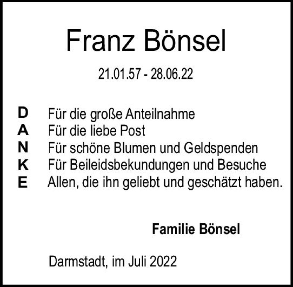  Traueranzeige für Franz Bönsel vom 16.07.2022 aus vrm-trauer Darmstädter Echo