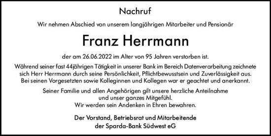 Traueranzeige von Franz Herrmann von vrm-trauer AZ Mainz