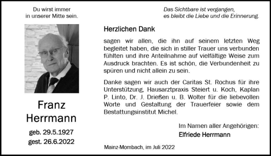 Traueranzeige von Franz Herrmann von vrm-trauer AZ Mainz