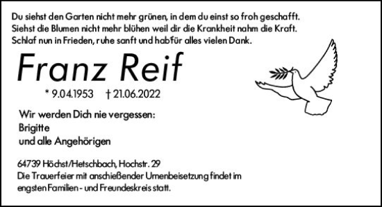 Traueranzeige von Franz Reif von vrm-trauer Odenwälder Echo