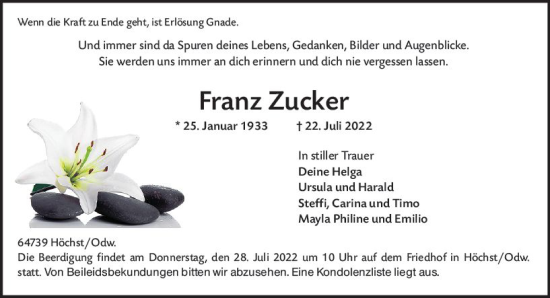 Traueranzeige von Franz Zucker von vrm-trauer Odenwälder Echo