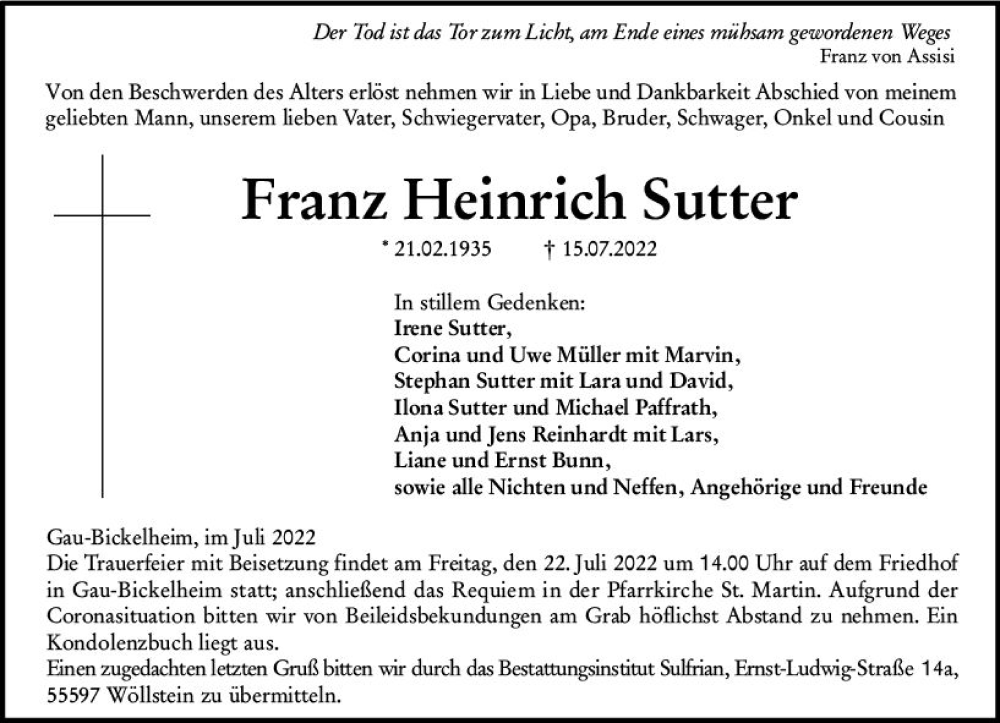  Traueranzeige für Franz Heinrich Sutter vom 20.07.2022 aus vrm-trauer Allgemeine Zeitung Alzey