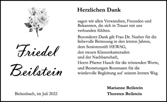 Traueranzeige von Friedel Beilstein von vrm-trauer Darmstädter Echo