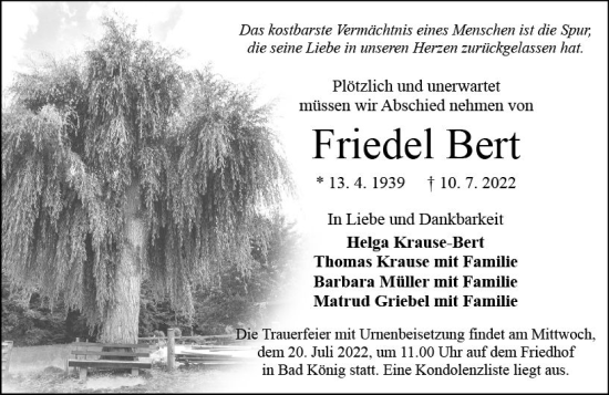 Traueranzeige von Friedel Bert von vrm-trauer Odenwälder Echo