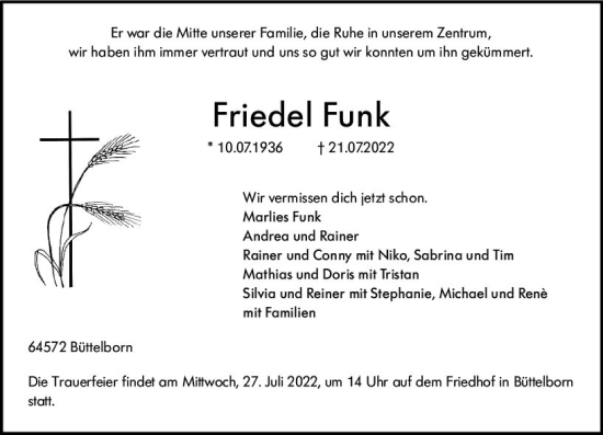 Traueranzeige von Friedel Funk von vrm-trauer Groß-Gerauer Echo