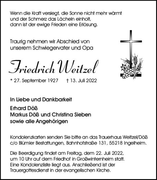 Traueranzeige von Friedrich Weitzel von vrm-trauer Allgemeine  Zeitung Ingelheim-Bingen