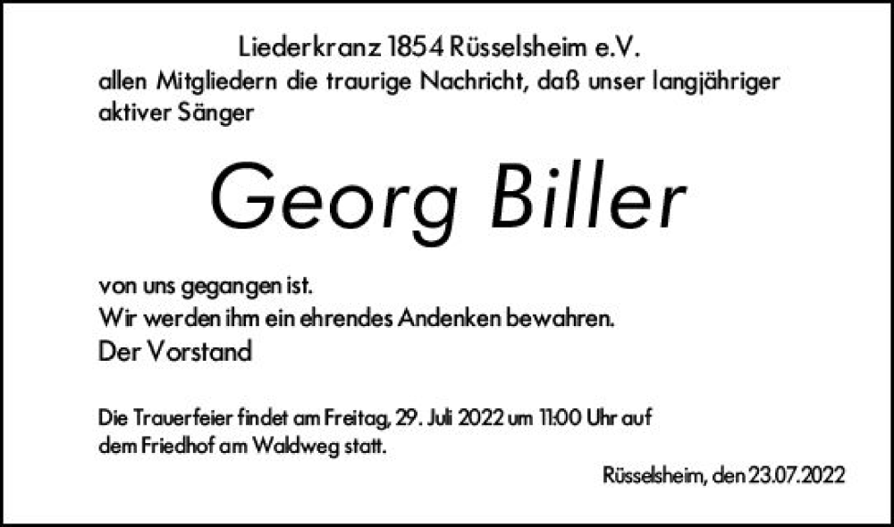  Traueranzeige für Georg Biller vom 23.07.2022 aus vrm-trauer Rüsselsheimer Echo / MainSpitze